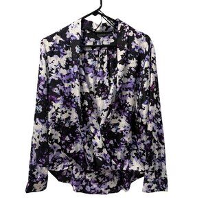 Apt. 9 Purple Black Floral Long Sleeve Faux Wrap Blouse Size L Top